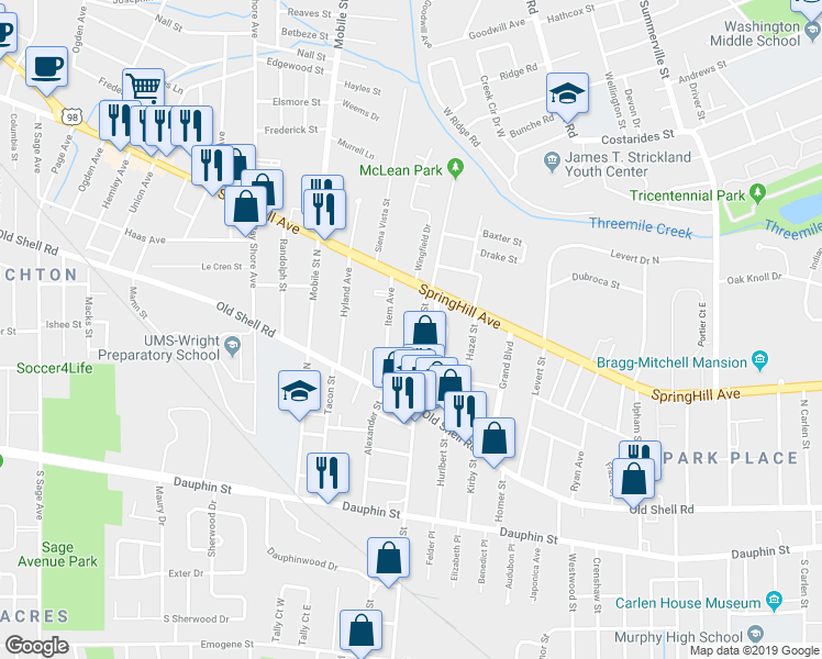 map of restaurants, bars, coffee shops, grocery stores, and more near 2520 SpringHill Avenue in Mobile