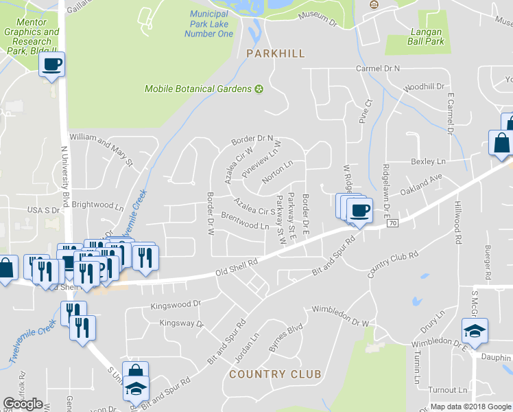 map of restaurants, bars, coffee shops, grocery stores, and more near 5170 Azalea Circle South in Mobile
