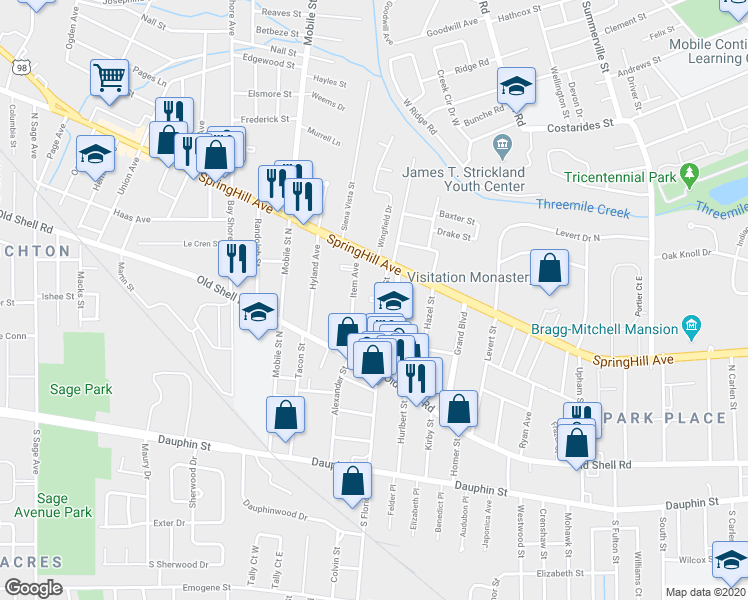 map of restaurants, bars, coffee shops, grocery stores, and more near 209 North Florida Street in Mobile
