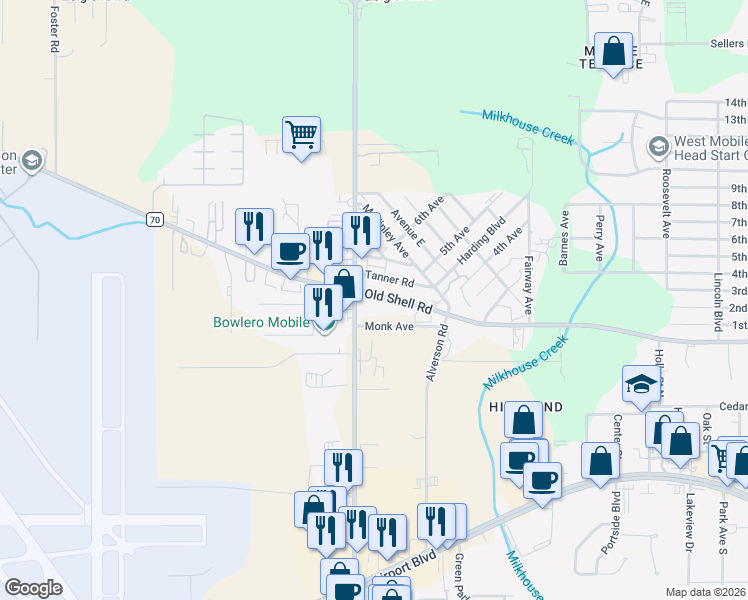map of restaurants, bars, coffee shops, grocery stores, and more near 7746 Monk Avenue in Mobile
