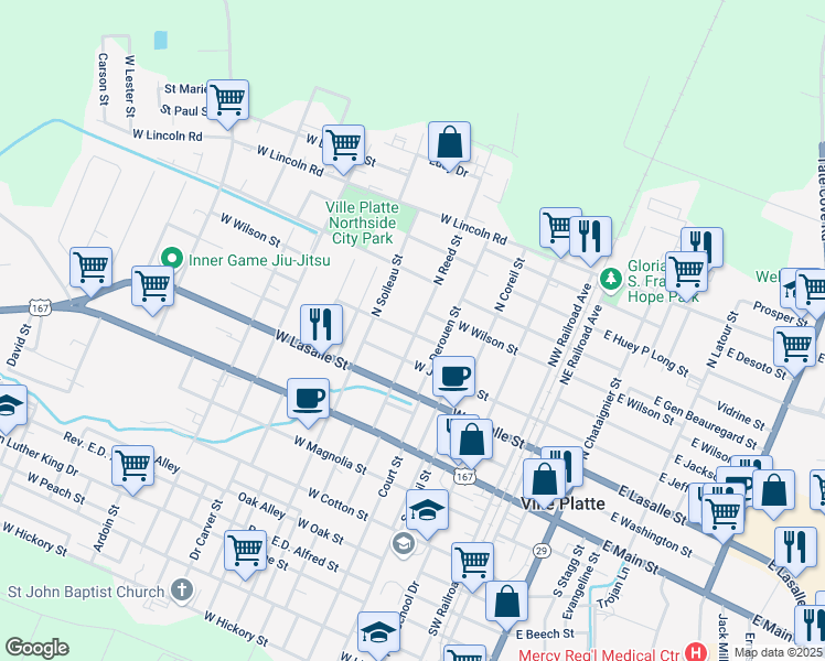 map of restaurants, bars, coffee shops, grocery stores, and more near 614 North Reed Street in Ville Platte