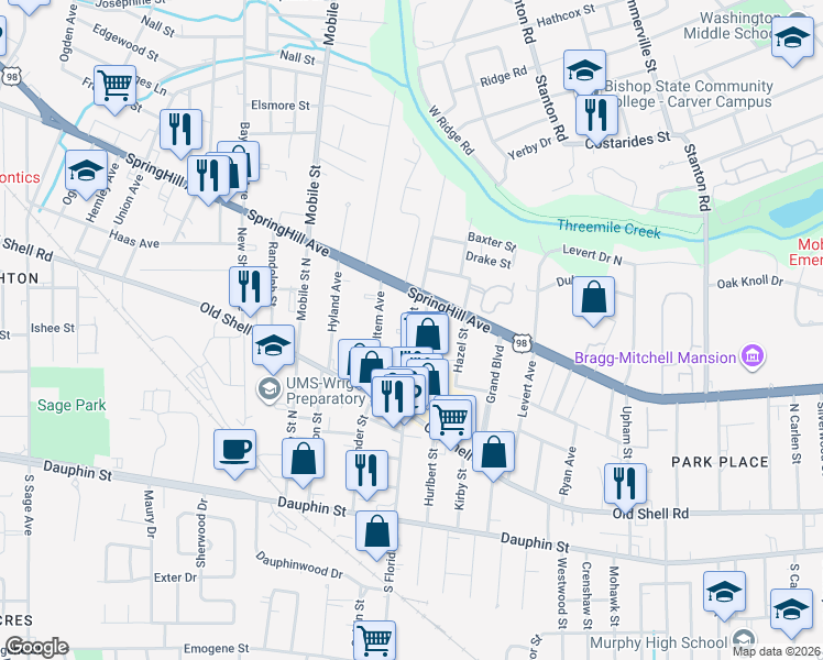 map of restaurants, bars, coffee shops, grocery stores, and more near 218 North Florida Street in Mobile