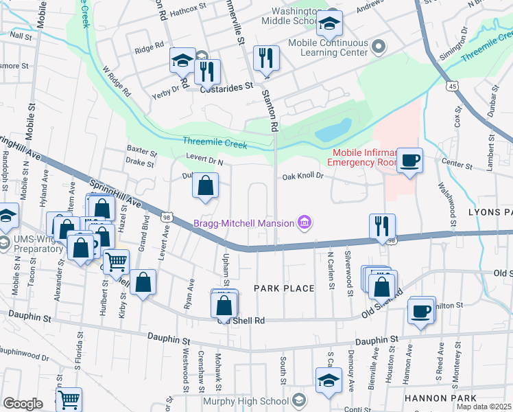 map of restaurants, bars, coffee shops, grocery stores, and more near 2000 SpringHill Avenue in Mobile