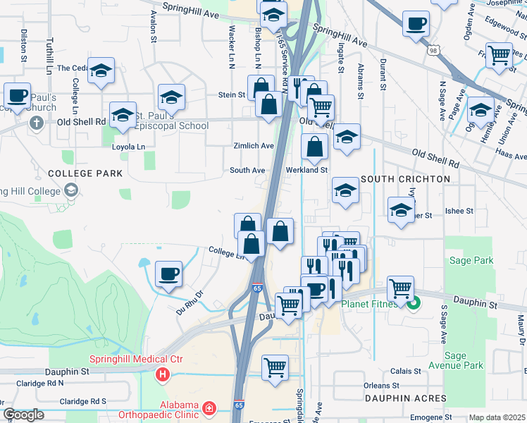 map of restaurants, bars, coffee shops, grocery stores, and more near 2558 Interstate 65 Service Road South in Mobile