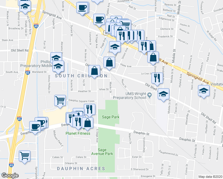map of restaurants, bars, coffee shops, grocery stores, and more near 2901 Ishee Street in Mobile