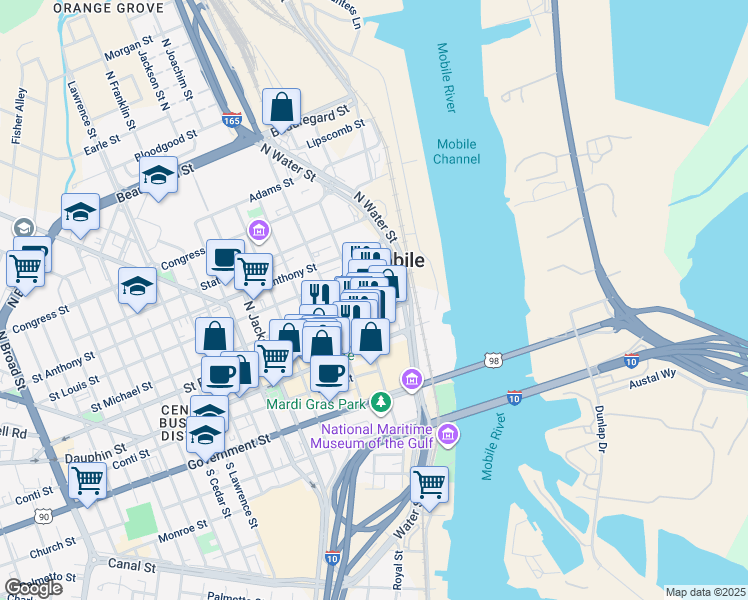 map of restaurants, bars, coffee shops, grocery stores, and more near 108 South Royal Street in Mobile