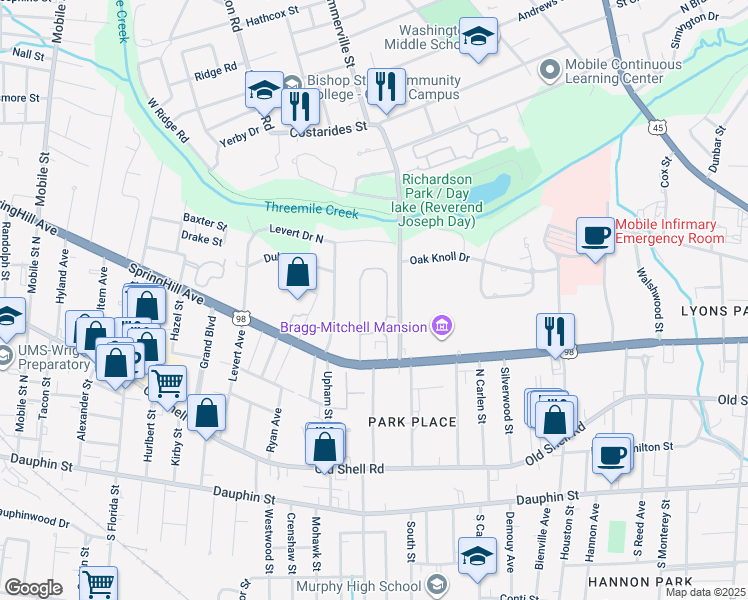 map of restaurants, bars, coffee shops, grocery stores, and more near 2000 SpringHill Avenue in Mobile
