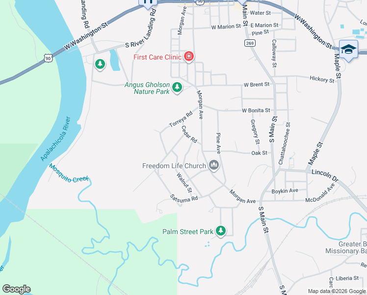 map of restaurants, bars, coffee shops, grocery stores, and more near 406 Satsuma Road in Chattahoochee