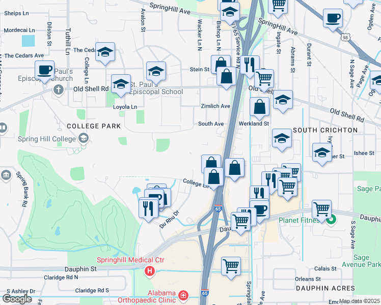 map of restaurants, bars, coffee shops, grocery stores, and more near 150 Du Rhu Drive in Mobile