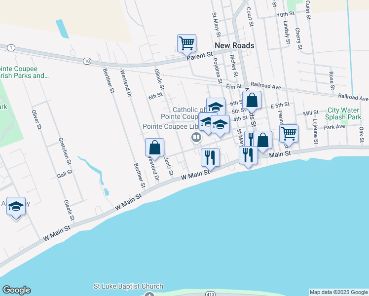 map of restaurants, bars, coffee shops, grocery stores, and more near 201 Claiborne Street in New Roads