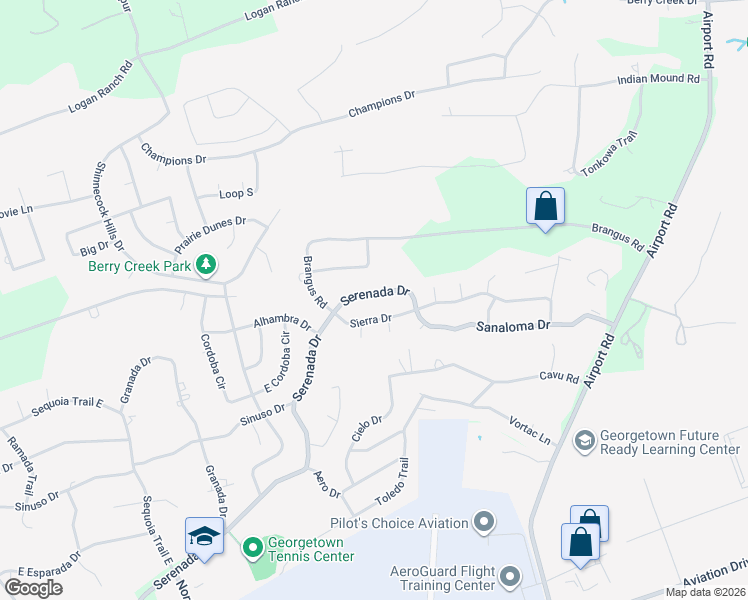 map of restaurants, bars, coffee shops, grocery stores, and more near 1100 Serenada Drive in Georgetown