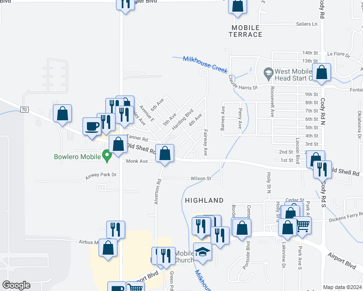 map of restaurants, bars, coffee shops, grocery stores, and more near 160 3rd Avenue in Mobile