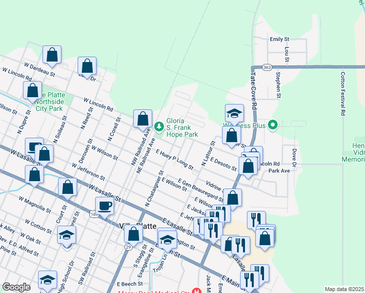 map of restaurants, bars, coffee shops, grocery stores, and more near 915 North Chataignier Street in Ville Platte