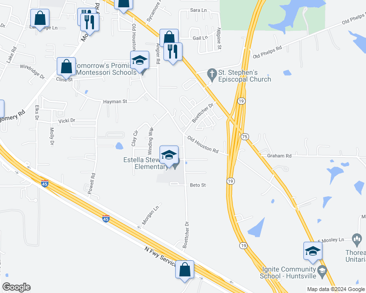 map of restaurants, bars, coffee shops, grocery stores, and more near in Huntsville