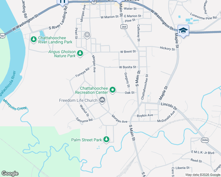 map of restaurants, bars, coffee shops, grocery stores, and more near 146 Oak Street in Chattahoochee
