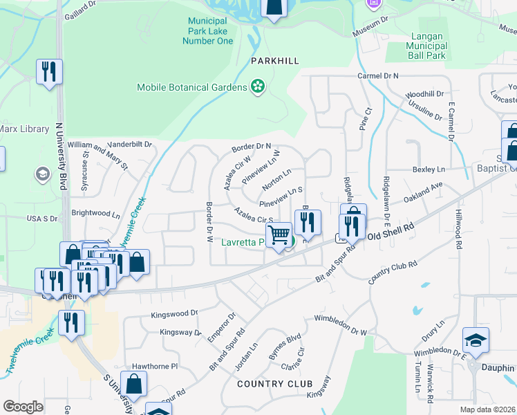 map of restaurants, bars, coffee shops, grocery stores, and more near 5209 Pineview Lane in Mobile