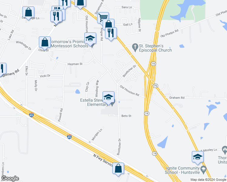map of restaurants, bars, coffee shops, grocery stores, and more near in Huntsville