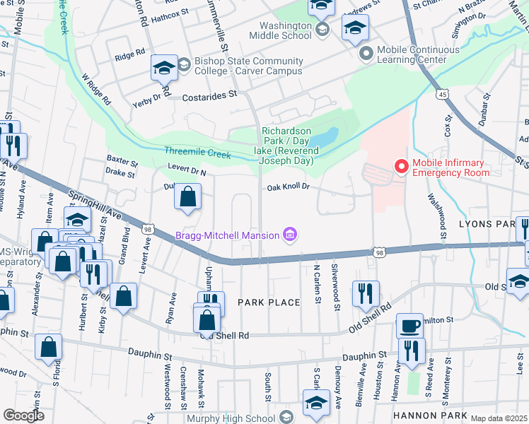 map of restaurants, bars, coffee shops, grocery stores, and more near 186 Stanton Road in Mobile