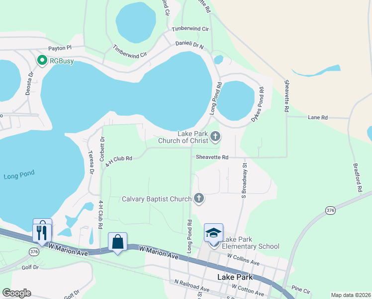 map of restaurants, bars, coffee shops, grocery stores, and more near 5775 Long Pond Road in Lake Park