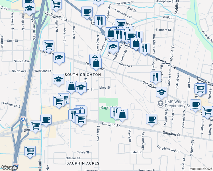 map of restaurants, bars, coffee shops, grocery stores, and more near 75 Macks Street in Mobile