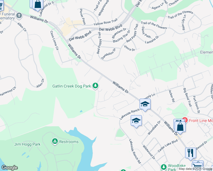 map of restaurants, bars, coffee shops, grocery stores, and more near 4880 Williams Drive in Georgetown