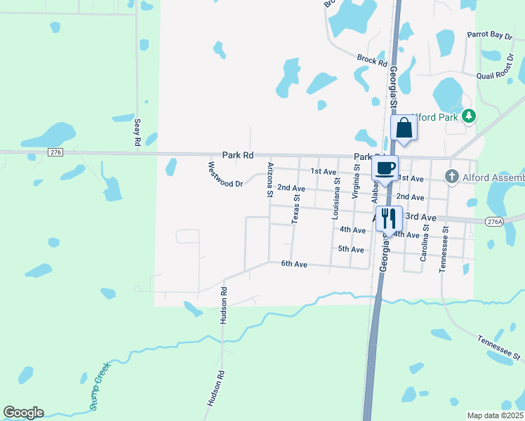 map of restaurants, bars, coffee shops, grocery stores, and more near 1749 Arizona Street in Alford
