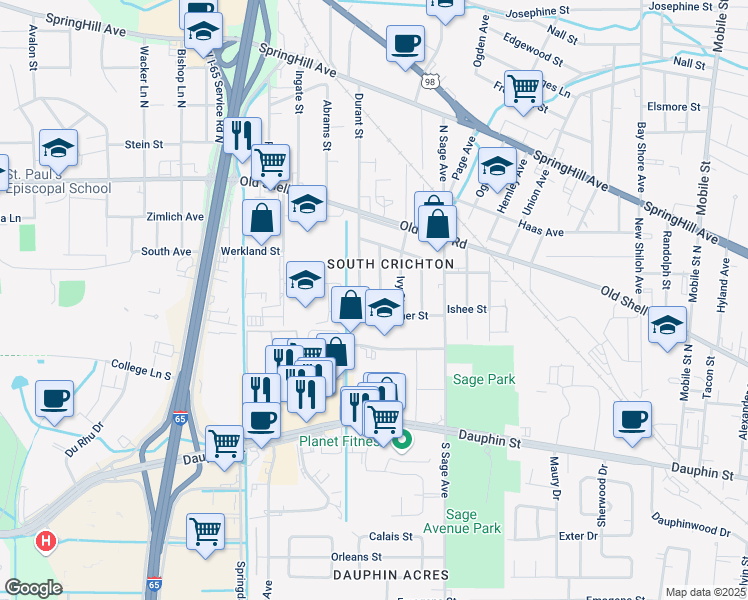 map of restaurants, bars, coffee shops, grocery stores, and more near 65 Picardy Street in Mobile