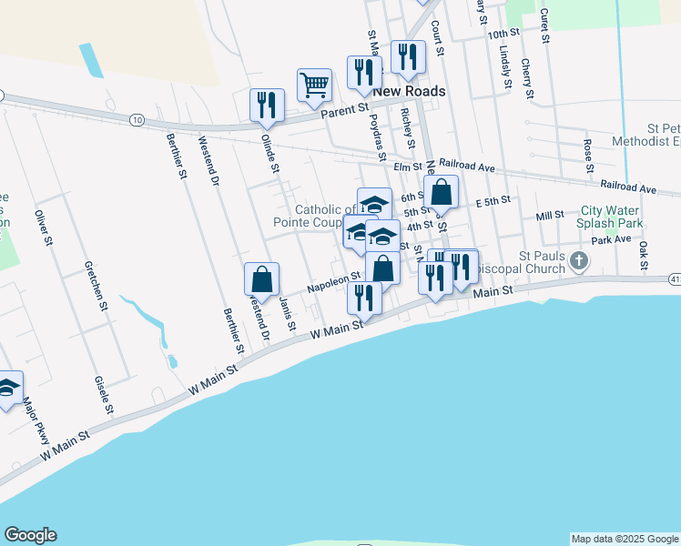 map of restaurants, bars, coffee shops, grocery stores, and more near 201 Claiborne Street in New Roads