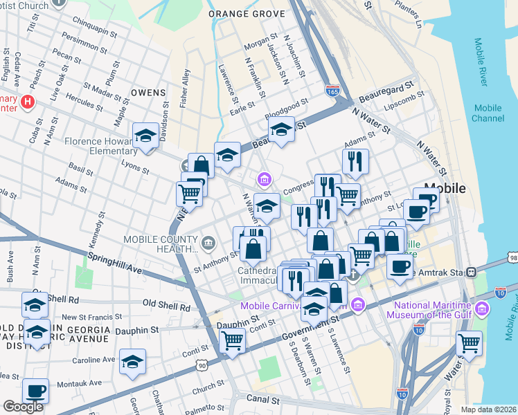 map of restaurants, bars, coffee shops, grocery stores, and more near 553 Congress Street in Mobile