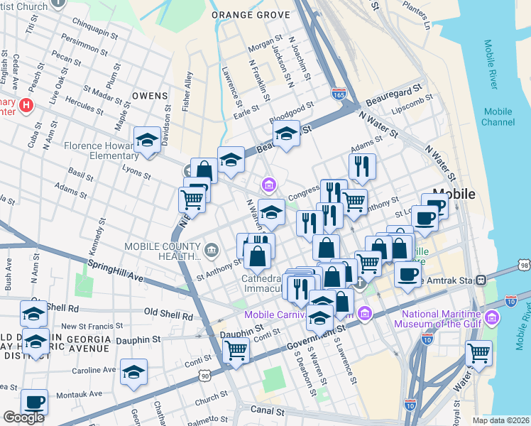map of restaurants, bars, coffee shops, grocery stores, and more near 553 Congress Street in Mobile