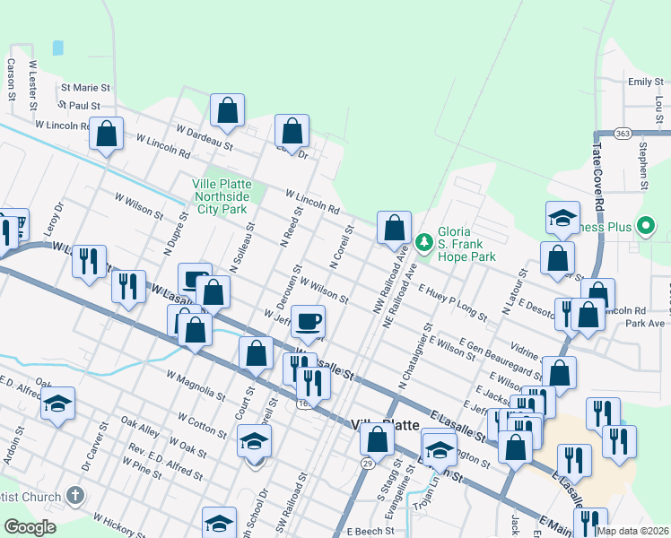 map of restaurants, bars, coffee shops, grocery stores, and more near 708 North Coreil Street in Ville Platte