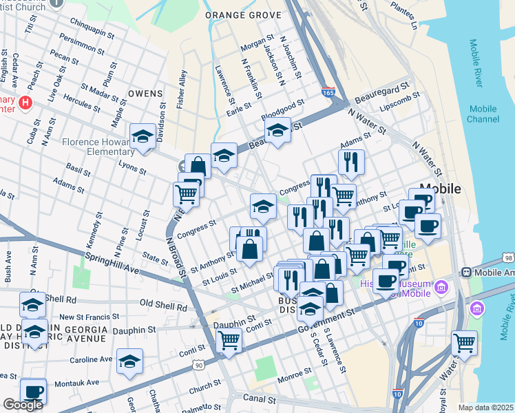 map of restaurants, bars, coffee shops, grocery stores, and more near 553 Congress Street in Mobile