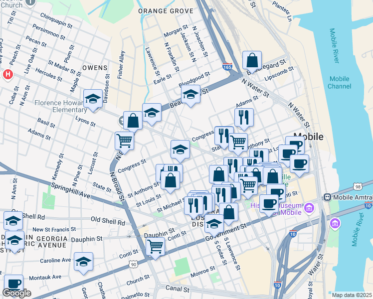 map of restaurants, bars, coffee shops, grocery stores, and more near 250-298 N Lawrence St in Mobile