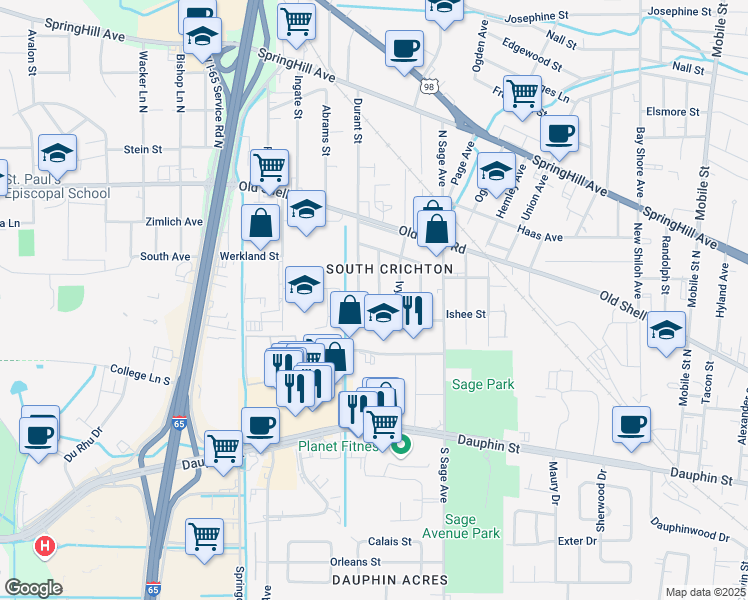 map of restaurants, bars, coffee shops, grocery stores, and more near 65 Picardy Street in Mobile