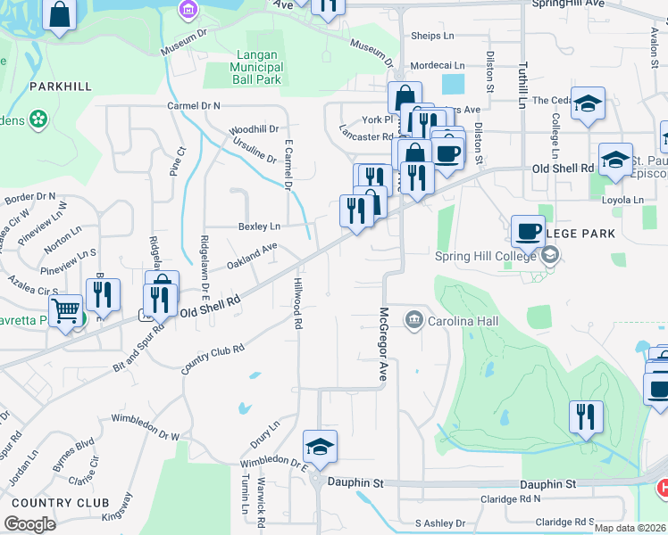 map of restaurants, bars, coffee shops, grocery stores, and more near 126 Eaton Square in Mobile