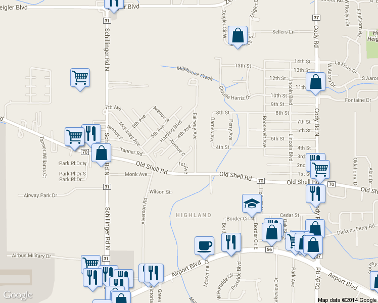 map of restaurants, bars, coffee shops, grocery stores, and more near 211 Fairway Avenue in Mobile