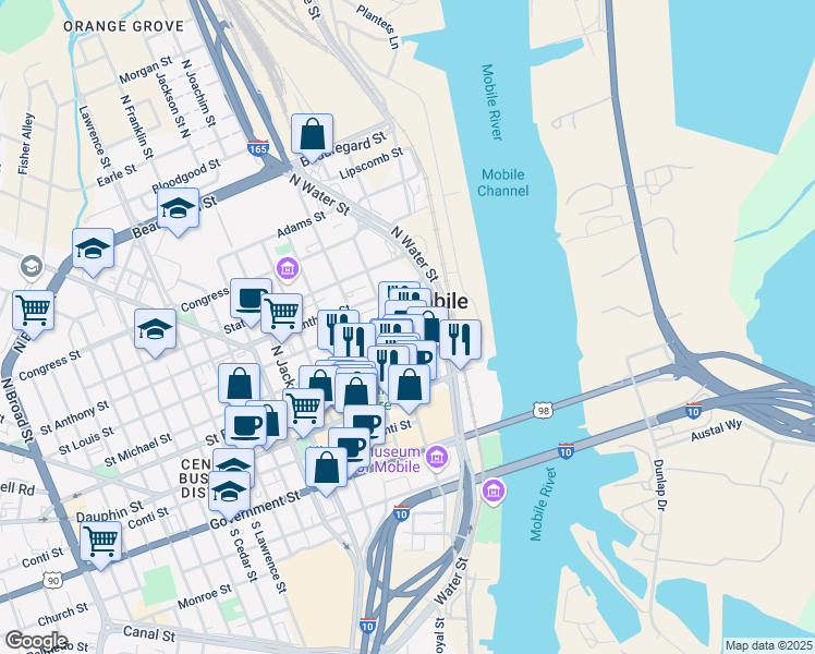 map of restaurants, bars, coffee shops, grocery stores, and more near 108 South Royal Street in Mobile