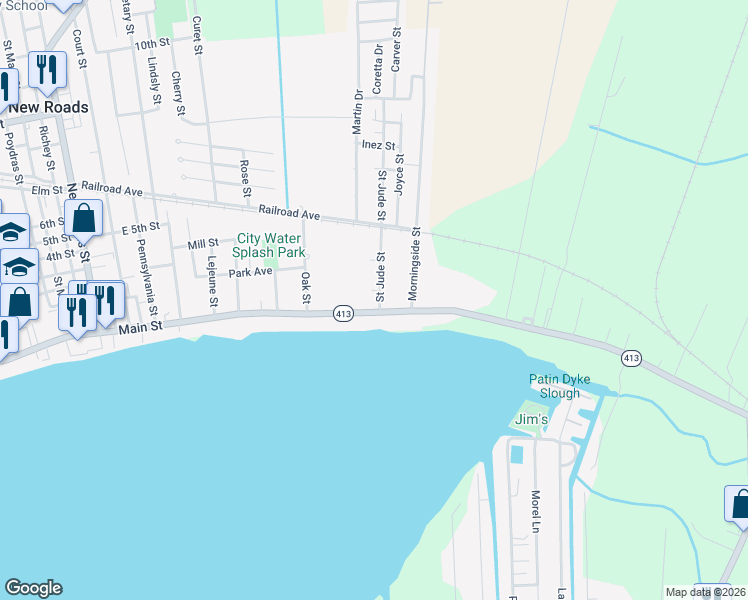 map of restaurants, bars, coffee shops, grocery stores, and more near 103 Saint Jude Street in New Roads