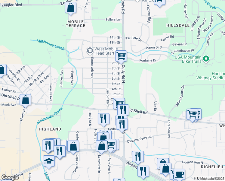 map of restaurants, bars, coffee shops, grocery stores, and more near 7163 4th Street in Mobile