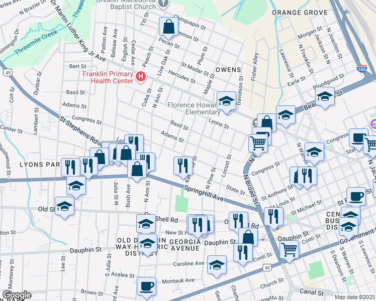 map of restaurants, bars, coffee shops, grocery stores, and more near 254 Gaston Street in Mobile