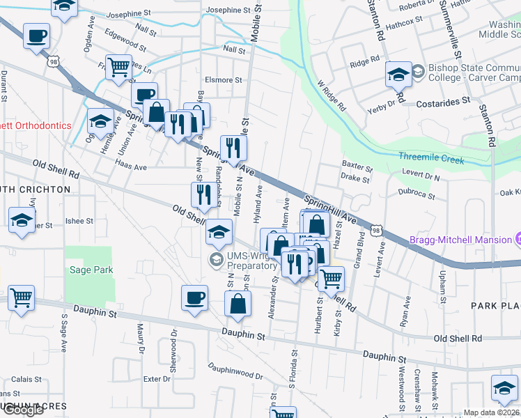 map of restaurants, bars, coffee shops, grocery stores, and more near 132 Hyland Avenue in Mobile
