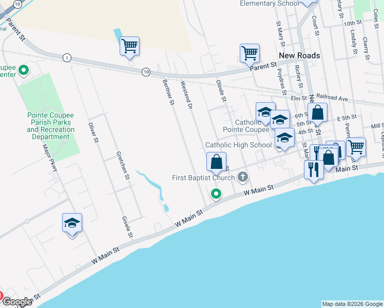 map of restaurants, bars, coffee shops, grocery stores, and more near 505 Westend Drive in New Roads