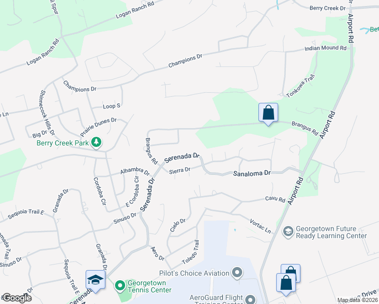 map of restaurants, bars, coffee shops, grocery stores, and more near 1105 Serenada Dr in Georgetown
