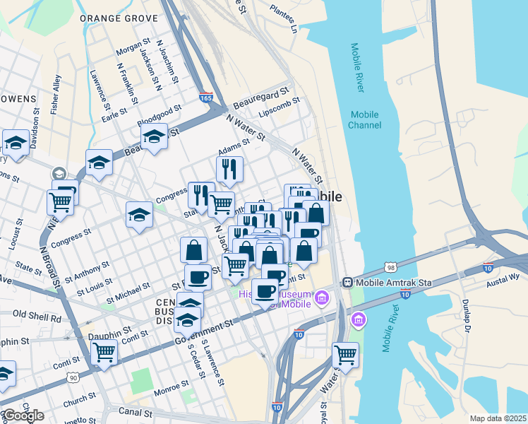 map of restaurants, bars, coffee shops, grocery stores, and more near 155 Saint Joseph Street in Mobile