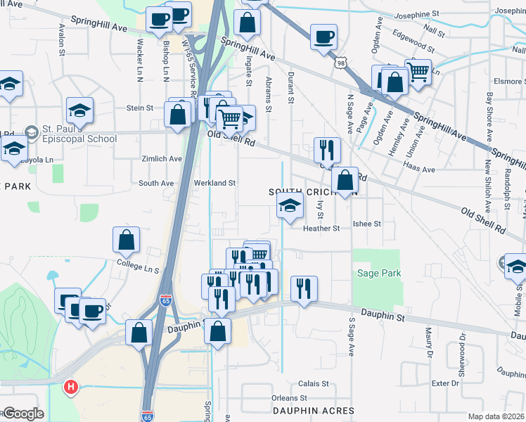 map of restaurants, bars, coffee shops, grocery stores, and more near 44 Sidney Phillips Drive in Mobile