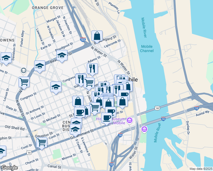 map of restaurants, bars, coffee shops, grocery stores, and more near 155 Saint Joseph Street in Mobile