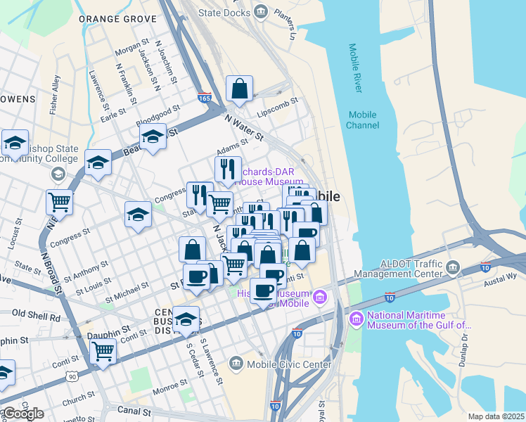 map of restaurants, bars, coffee shops, grocery stores, and more near 155 Saint Joseph Street in Mobile