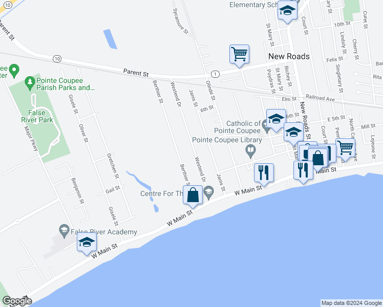 map of restaurants, bars, coffee shops, grocery stores, and more near 505 Westend Drive in New Roads