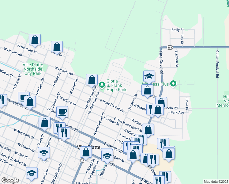 map of restaurants, bars, coffee shops, grocery stores, and more near 915 North Chataignier Street in Ville Platte