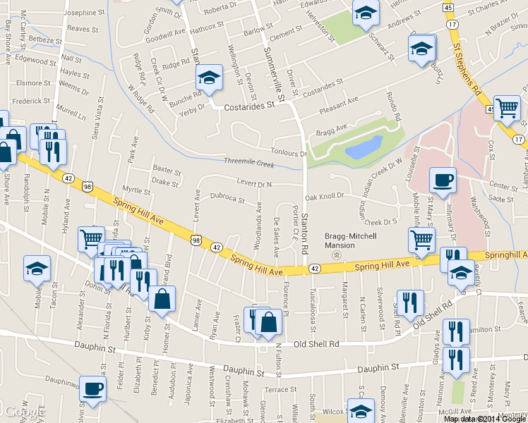 map of restaurants, bars, coffee shops, grocery stores, and more near 276 Woodlands Avenue in Mobile